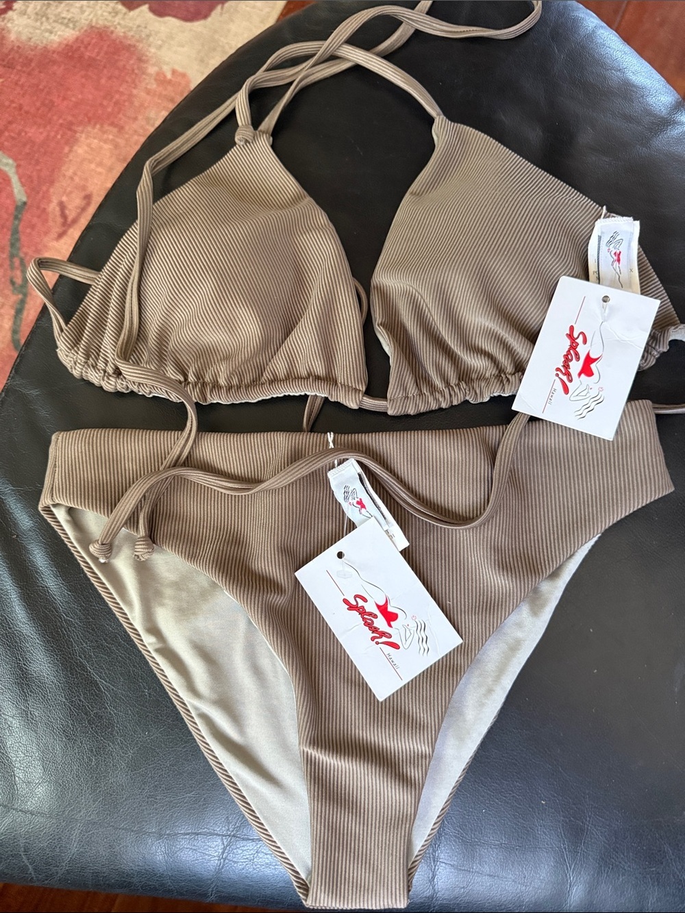 Splash Hawaii Ribbed Bikini Set Taupe XL Top S Bottom NWT